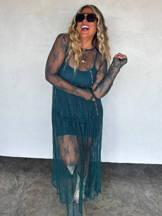 Can't Stop Me Sheer Mesh Long Sleeve Teal Green Avery Mae Dress