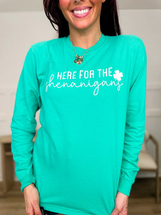 It's the Shenanigans Cotton Long Sleeve Green Avery Mae Graphic Tee Shirt