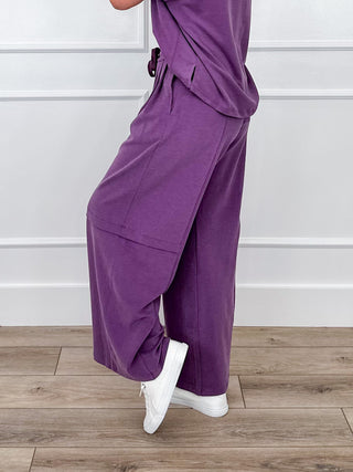 Smoky lilac high-rise wide-leg pants with drawstring waist and side cargo pockets