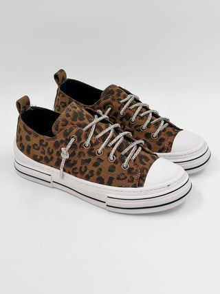 Leopard print canvas lace-up sneakers with white rubber sole
