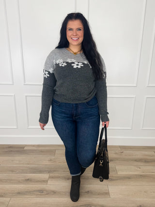 Grey knit long-sleeve sweater with white floral graphic on front