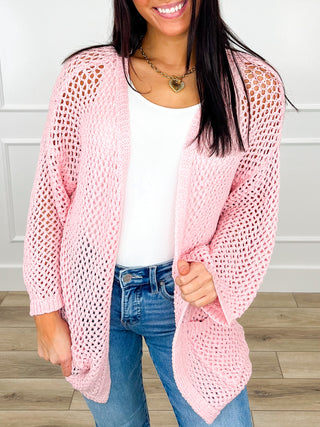 Avery Mae long sleeve knit cardigan, open mesh texture, pink