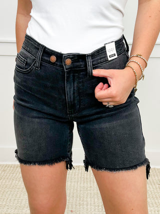 Judy Blue Aly High Rise Adjustable Double Button Frayed Hem Black Dad Shorts