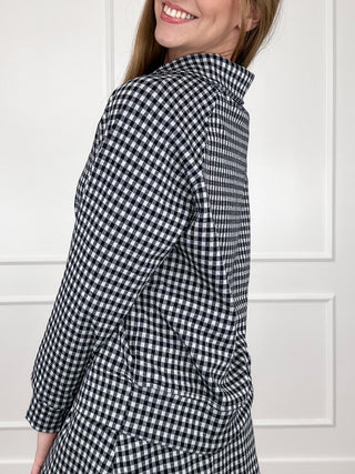 Black and white gingham knit quarter-zip long-sleeve top with relaxed fit