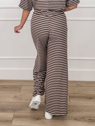 Brown striped high-rise wide-leg pants with drawstring and slouchy fit