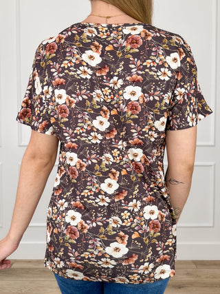 Brown floral short-sleeve top with scoop back and all-over print