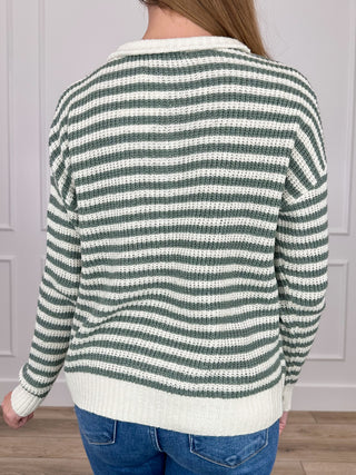 Green and white striped knit quarter-zip sweater, back view, long sleeves