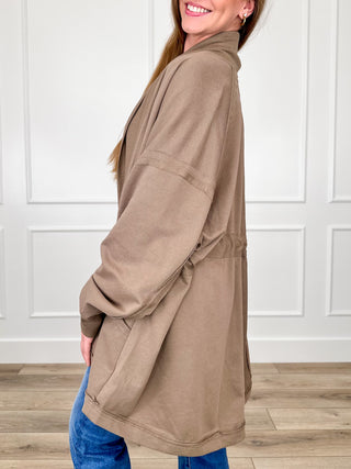 Brown cotton-blend long-sleeve cardigan, relaxed fit with drop shoulders and side pockets