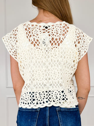 Cream knit cropped sweater top, openwork pattern, short cap sleeves; back view