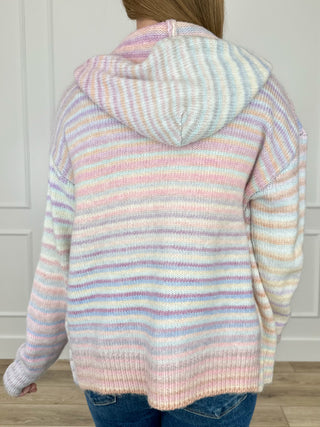 Pastel striped knit zip-up hoodie sweater, hooded back view, long sleeves