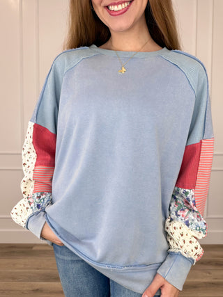 Searching All Around Cotton Blend Long Sleeve Blue Avery Mae Top