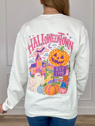 Halloween Nostalgia Cotton Blend Long Sleeve White Avery Mae Graphic Crewneck Sweatshirt (Gildan)