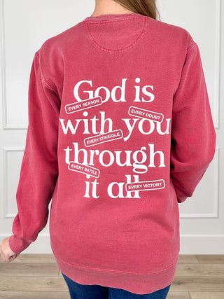 Brick red crewneck sweatshirt, full back typographic quote graphic, relaxed fit