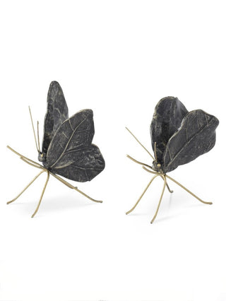 Resin wing decor set, two dark gray leaf wings with gold wire stems