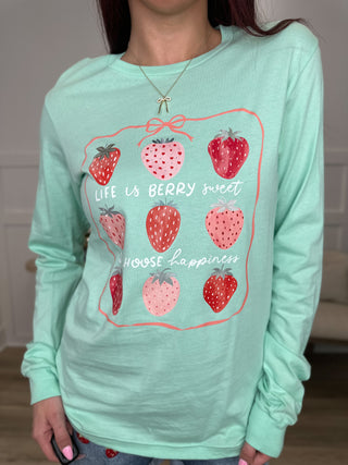 Berry Sweet Happiness Cotton Long Sleeve Mint Avery Mae Graphic Tee Shirt