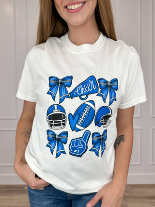 White cotton short-sleeve graphic t-shirt with blue bow cheer and football helmet print