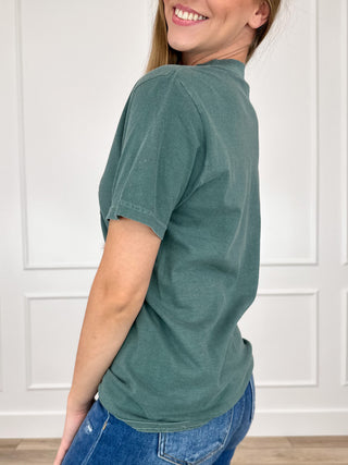 Green short-sleeve crewneck cotton graphic tee, side view