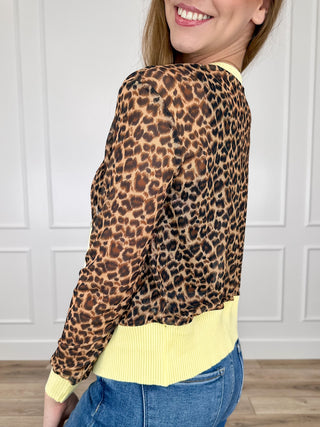 Leopard print sheer mesh long-sleeve cardigan with ribbed yellow hem and cuffs