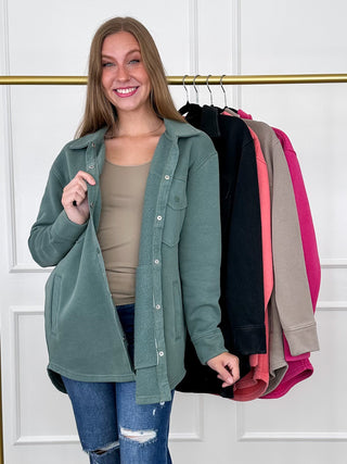 Taupe cotton blend long-sleeve shacket with point collar, button front, and chest pockets