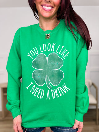 I Need a Drink Cotton Blend Long Sleeve Green Avery Mae Graphic Crewneck Sweatshirt