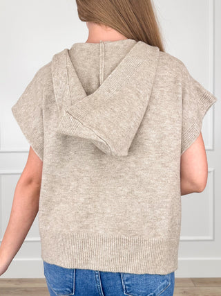 Uptown Girl Knit Short Sleeve Taupe Avery Mae Hooded Button Up Sweater Top