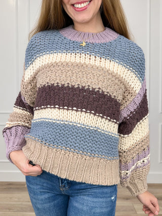 Purple, cream and maroon striped knit long-sleeve sweater with crew neck