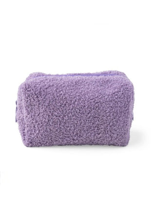 Purple fuzzy travel toiletry bag with zippered top
