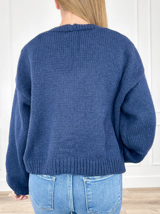 Trust in the Good Times Knit Long Sleeve Blue Avery Mae Button Up Mom Cropped Cardigan