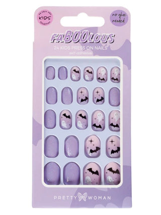 Kids press-on nails set with purple bat and pumpkin designs, 24 pieces