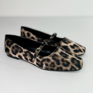 Leopard satin flats with buckled Mary Jane strap and bow, closed toe