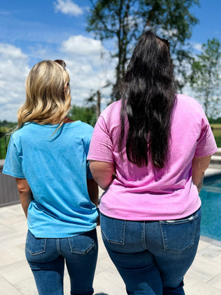 Blue and pink cotton short-sleeve tops, back view