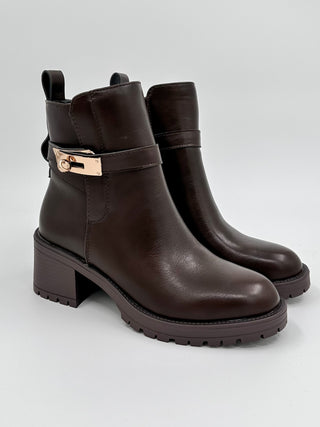 Brown faux leather ankle booties with block heel, side buckle strap, lug sole