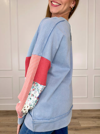 Searching All Around Cotton Blend Long Sleeve Blue Avery Mae Top