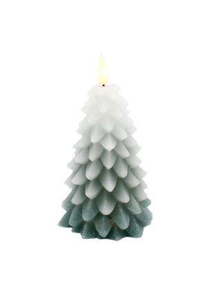 Tree-shaped LED candle with layered white-to-dark green scales and a warm glowing tip.