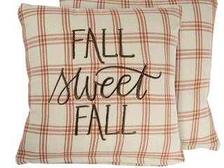Cream plaid decorative throw pillow with black script "Fall sweet Fall"