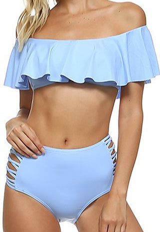 Light blue off-shoulder ruffle swim top and high-waist bottoms with side lace-up detail