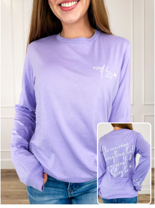 Lavender crewneck long-sleeve PowHERful graphic tee
