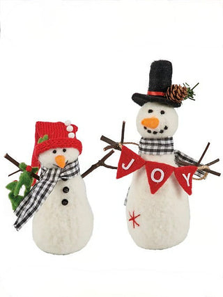 Felt snowman decor set with plaid scarves, red hat, and 'JOY' banner, frosted white