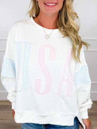 Where Freedom Reigns Cotton Blend Long Sleeve White Avery Mae Top