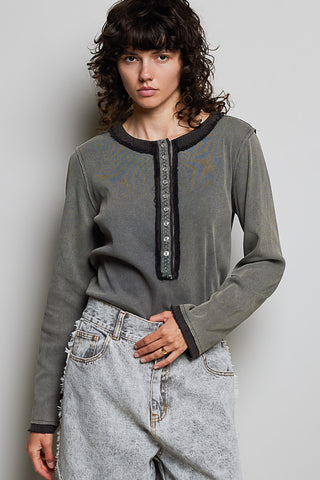 Dark gray knit henley top with button placket and long sleeves