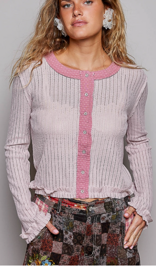 Soft pink and pale mauve ribbed knit button top with round neckline