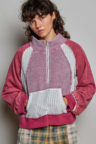 Knit quarter-zip pullover top in mauve with light gray raglan panels and ribbed cuffs
