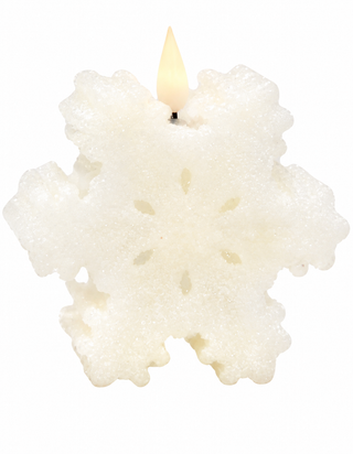 White snowflake-shaped LED candle with a flame-shaped light