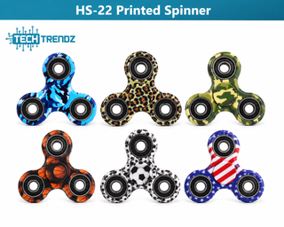 Printed fidget spinner set with multicolor patterned three-blade tops