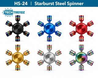 Starburst steel spinner 5-pack with assorted colors: black, blue, red, gold, silver