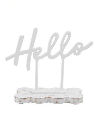 Hello decorative tabletop sign with cursive topper on round wood-slice base