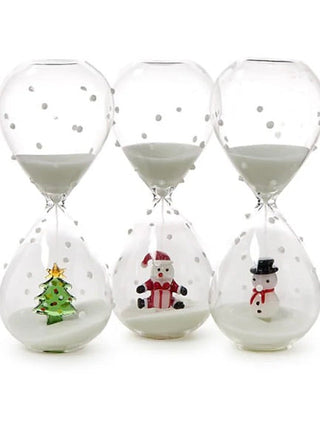 Holiday glass hourglass trio with tree, Santa, and snowman sand art