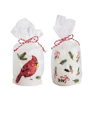 Set of 2 wrapped pillar candles with red striped ribbon and cardinal prints