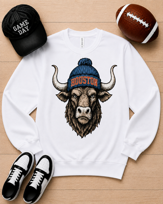 White long-sleeve crewneck sweatshirt with Houston orange-eyed horned bull graphic