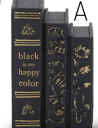Dark resin book decor set with gold filigree and spine text 'black is my happy color'